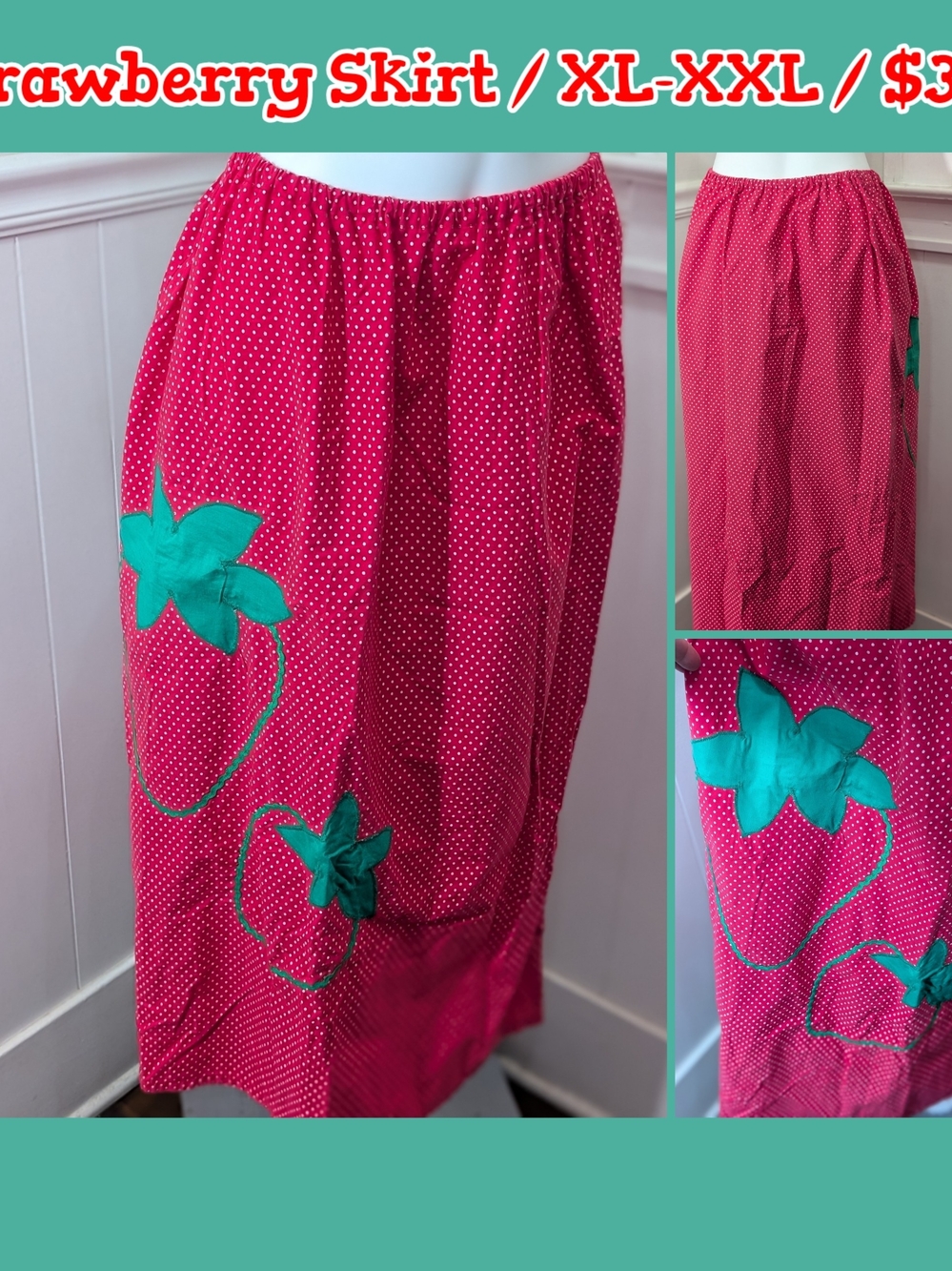 Women’s Pink Polka Dot Midi Skirt with strawberry 🍓 Floral Appliqué